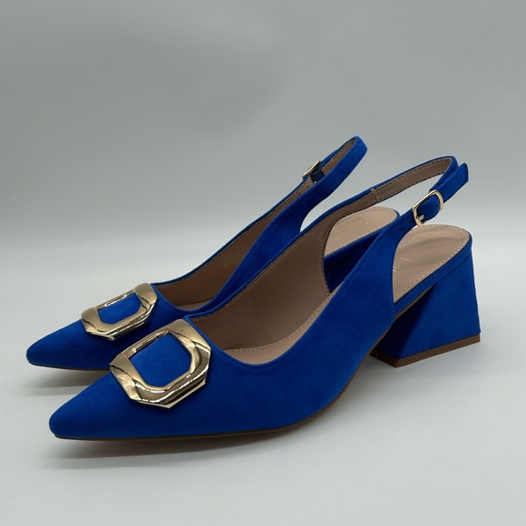 Nicole Miller New York Melrose Blue Faux Suede Slingback Block Heel Pumps 8 NIB - Picture 6 of 13